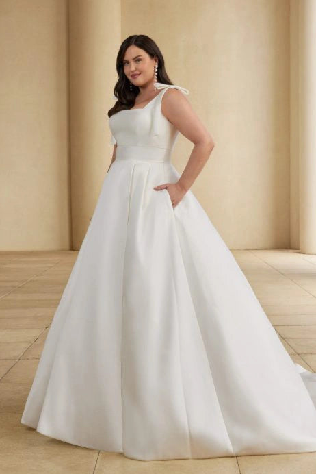 Satin A-line gown with hidden side pockets and square neckline for full-figured brides