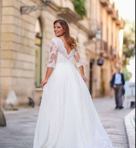 Elegant Plus Size A-Line Wedding Dress with V-Back & Chiffon Sleeves