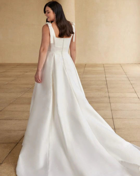 Square neck plus size wedding dress with back buttons and structured bodice