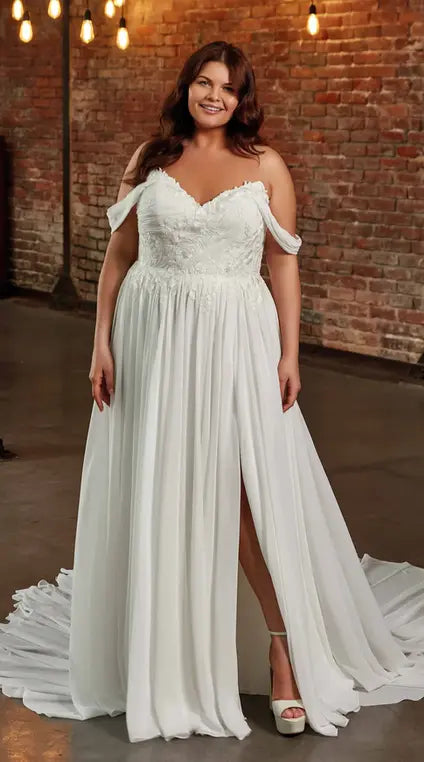 Timeless chiffon wedding dress for curvy brides with flowing train