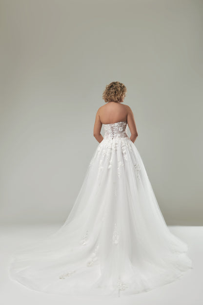 Bridal gown with handmade 3D floral lace appliqués for full-figured women

