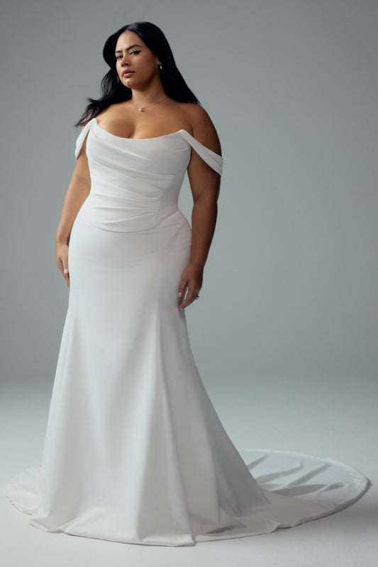 Plus Size Satin Mermaid Wedding Dress with Off Shoulder Straps and Sweep Train