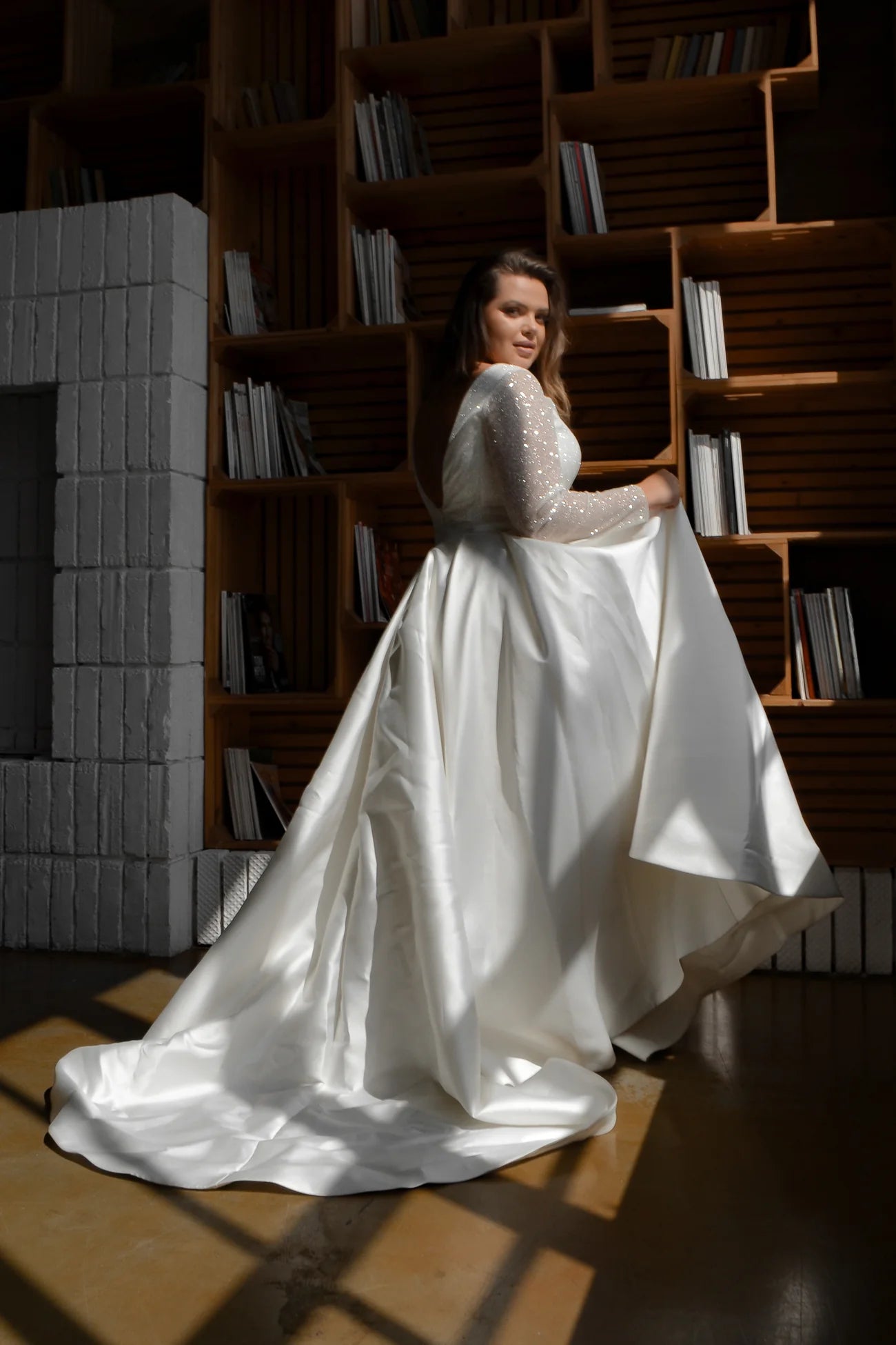 Sparkling Plus Size Satin Wedding Dress with Long Sleeves & V-Back