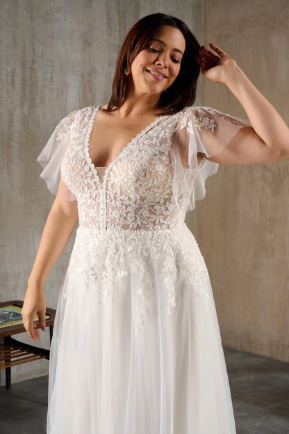 A-line bridal gown with floral lace for full-figured bride