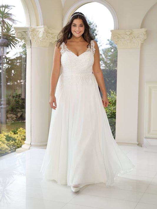 Boho plus size sleeveless wedding dress with lace bodice front view