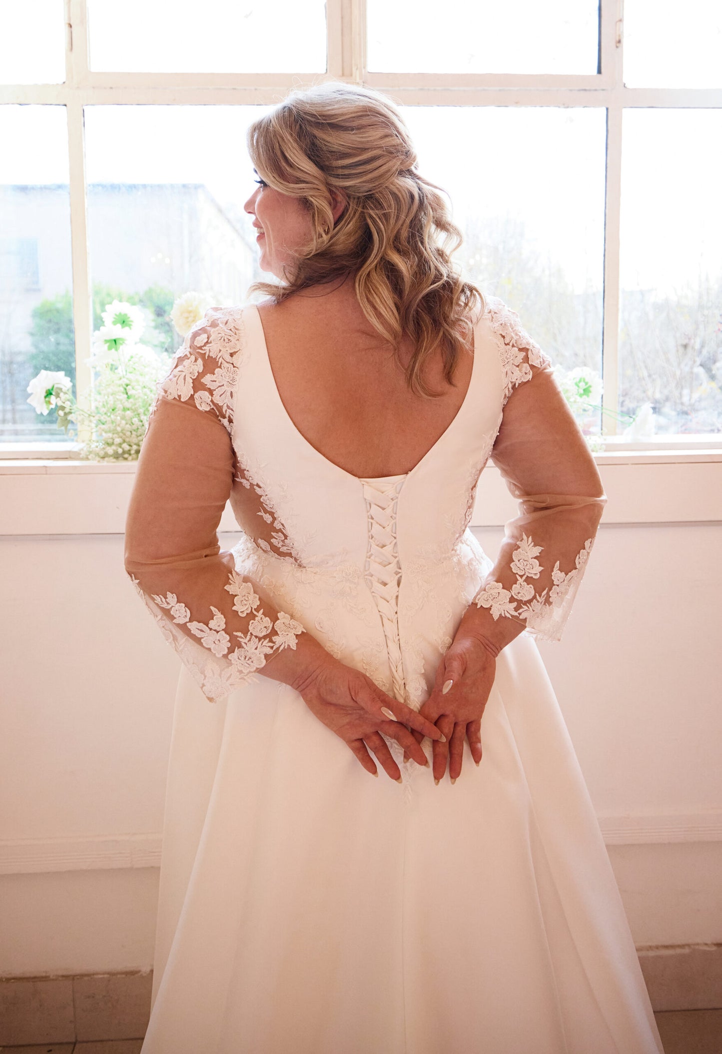 Elegant wedding dress with vintage lace long sleeves and lace-up corset back

