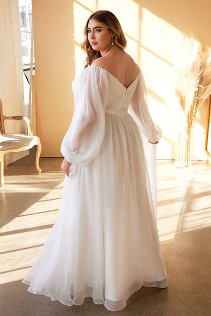 Closeup of double V-neck bodice on plus size chiffon wedding gown