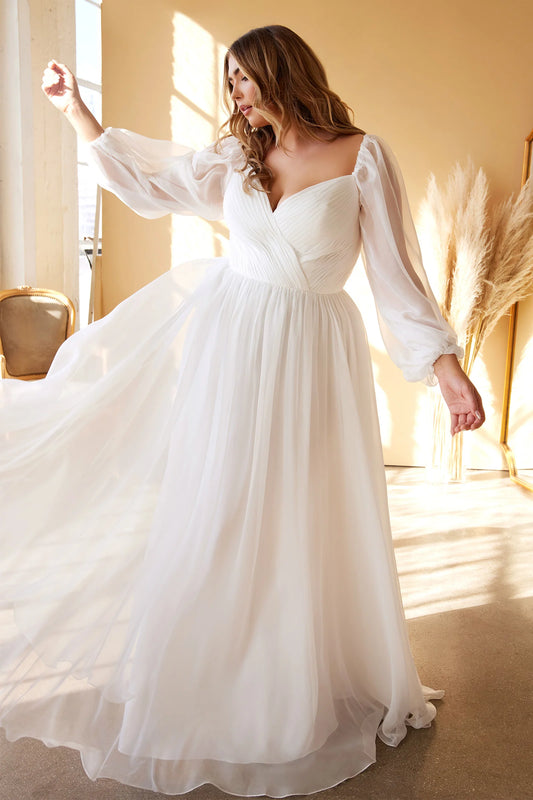 Plus size chiffon A-line wedding dress with puff sleeves front view