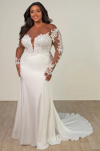 Back view of satin mermaid bridal gown with illusion back and buttons