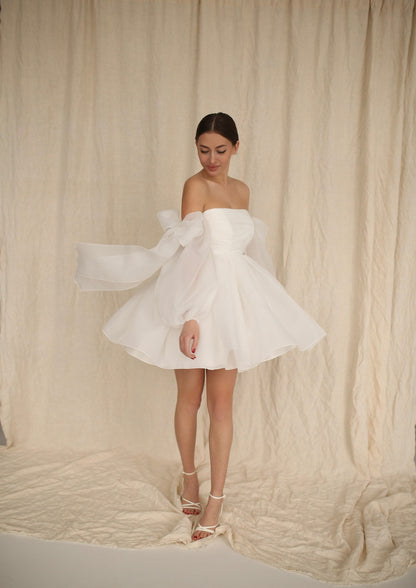 Short Wedding Dress: Organza Mini with Puffed Sleeves
