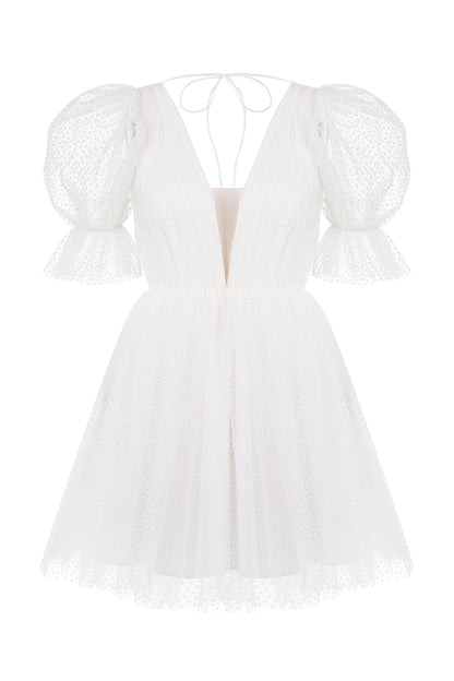Dots Tulle Mini Wedding Dress: V-Neck Rehearsal Dinner Dress