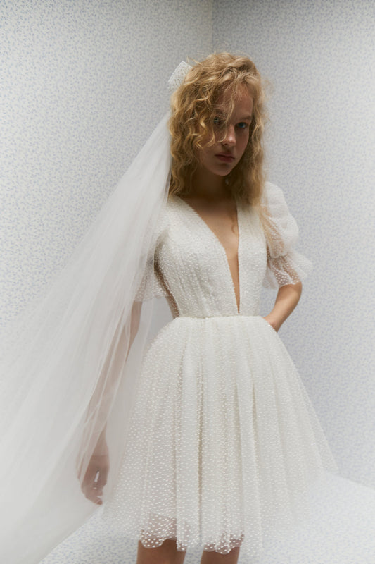 Dots Tulle Mini Wedding Dress: V-Neck Rehearsal Dinner Dress