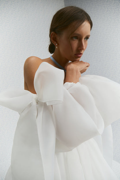 Short Wedding Dress: Organza Mini with Puffed Sleeves