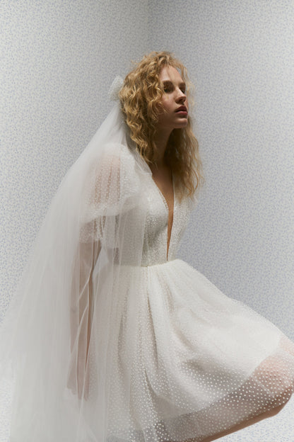 Dots Tulle Mini Wedding Dress: V-Neck Rehearsal Dinner Dress