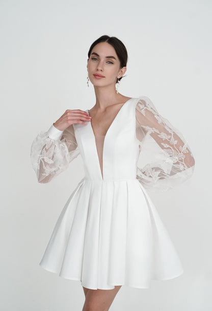 Ivory Short Wedding Dress: Satin Elopement Gown with Lace Sleeves