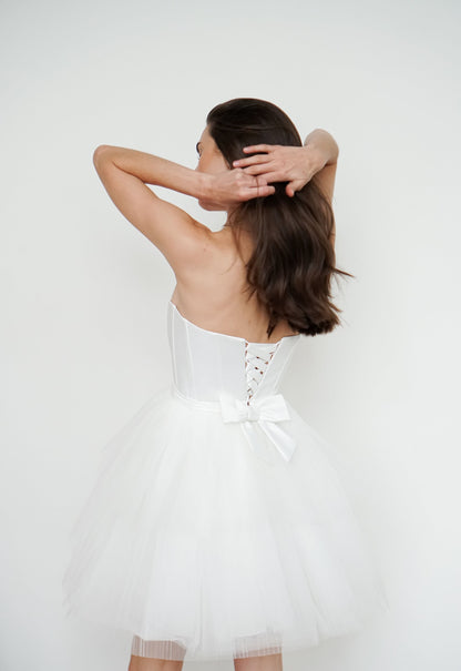 Mini Wedding Dress: Satin Corset, Tulle Skirt, Elopement Gown