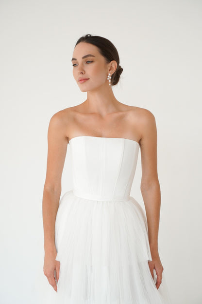 Tulle Midi Wedding Dress: Satin Corset, Tea Length Elopement Gown