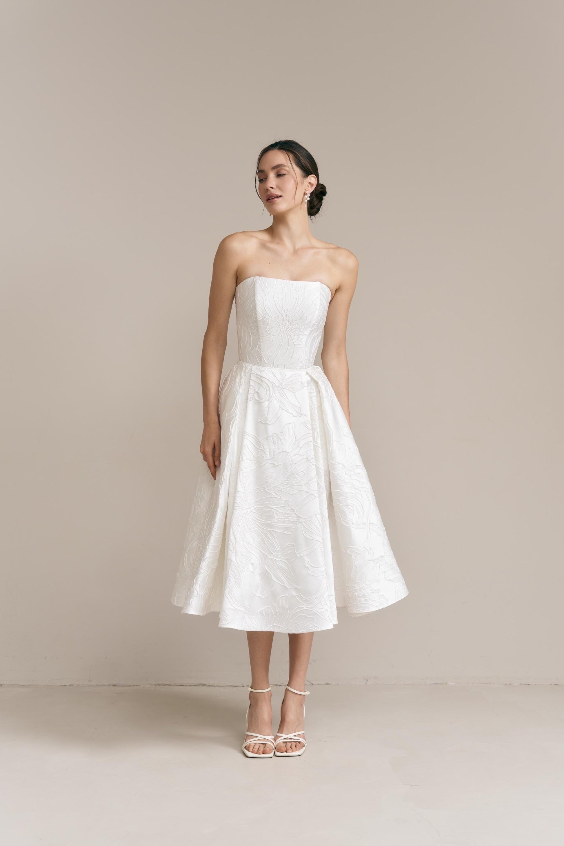 Floral Jacquard Midi Wedding Dress: Silk Blend, Tea Length
