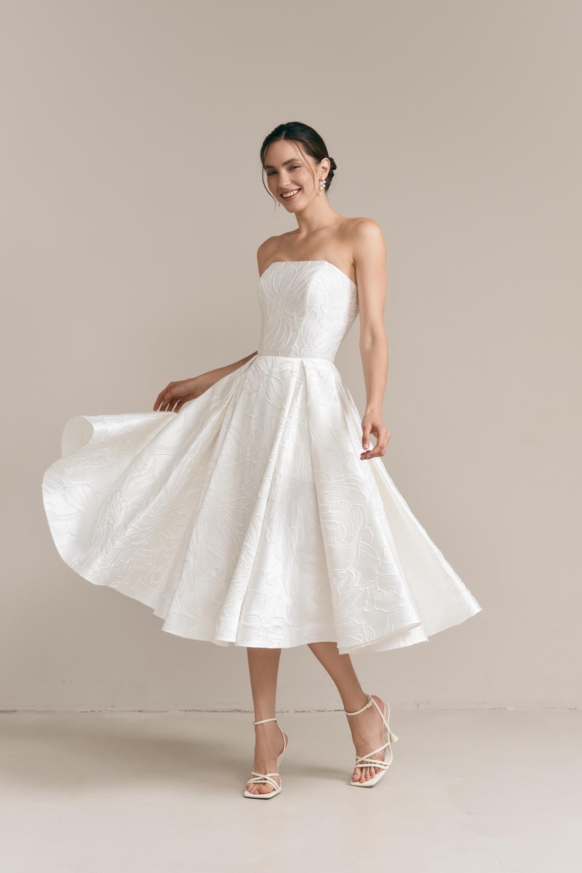 Floral Jacquard Midi Wedding Dress: Silk Blend, Tea Length