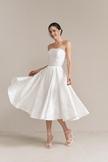 Floral Jacquard Midi Wedding Dress: Silk Blend, Tea Length