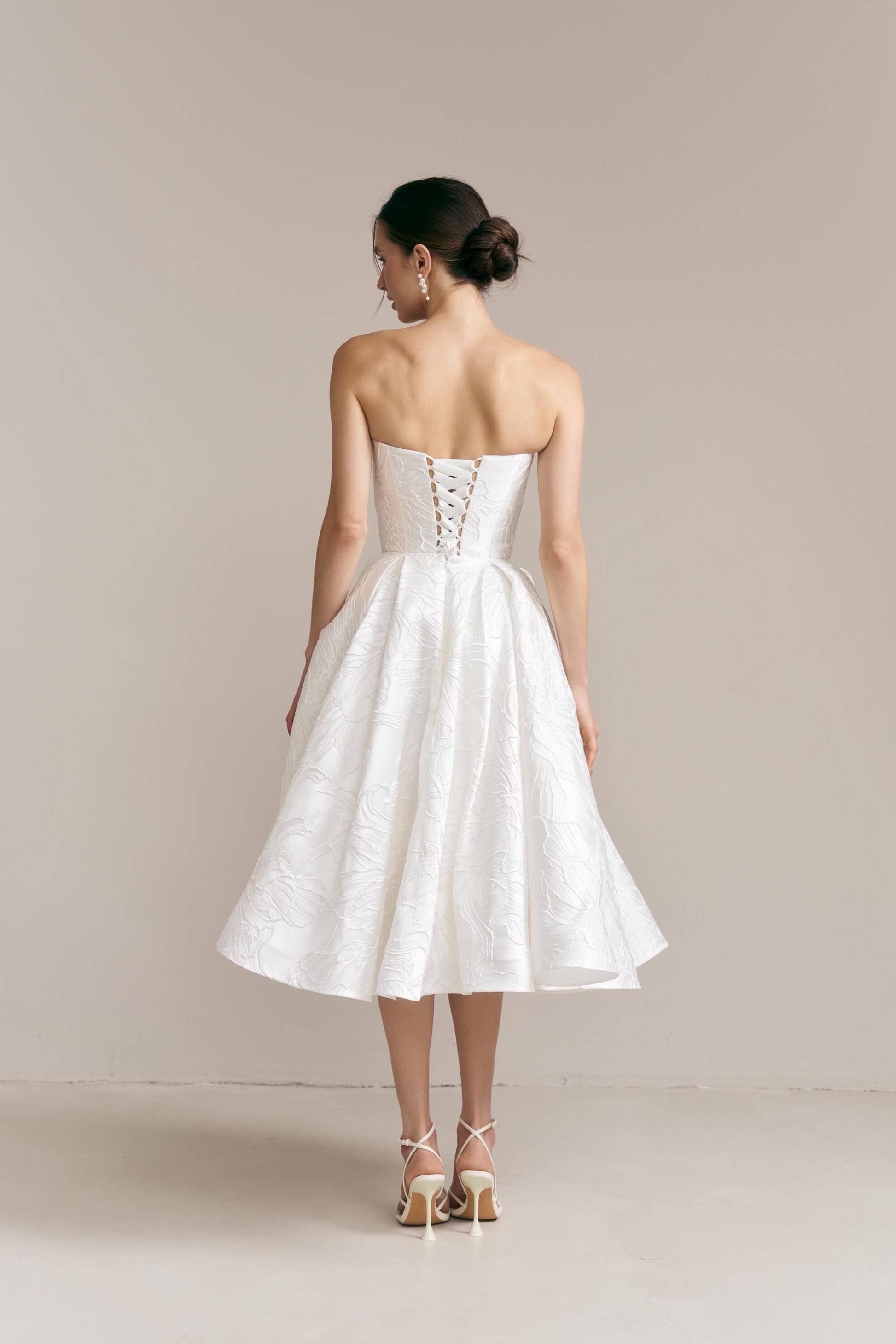 Floral Jacquard Midi Wedding Dress: Silk Blend, Tea Length