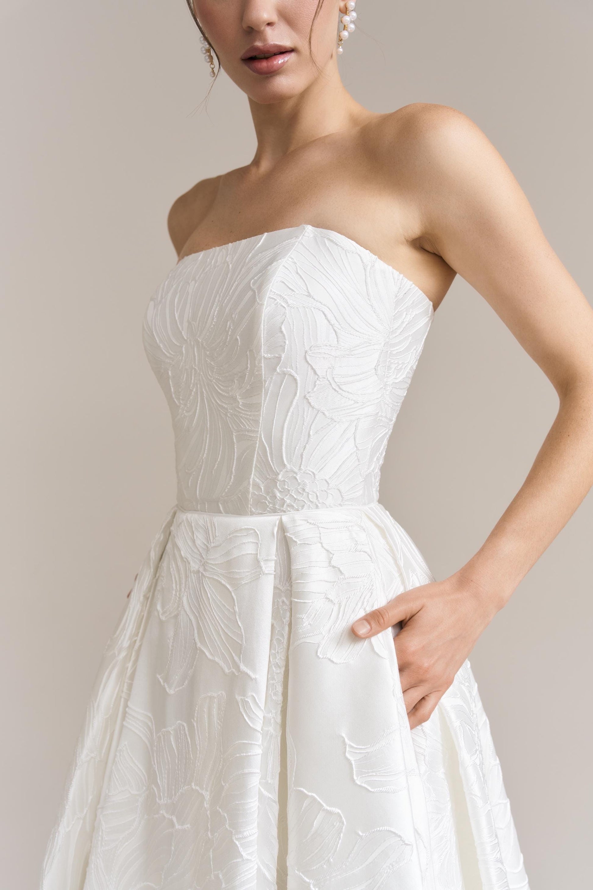 Floral Jacquard Midi Wedding Dress: Silk Blend, Tea Length