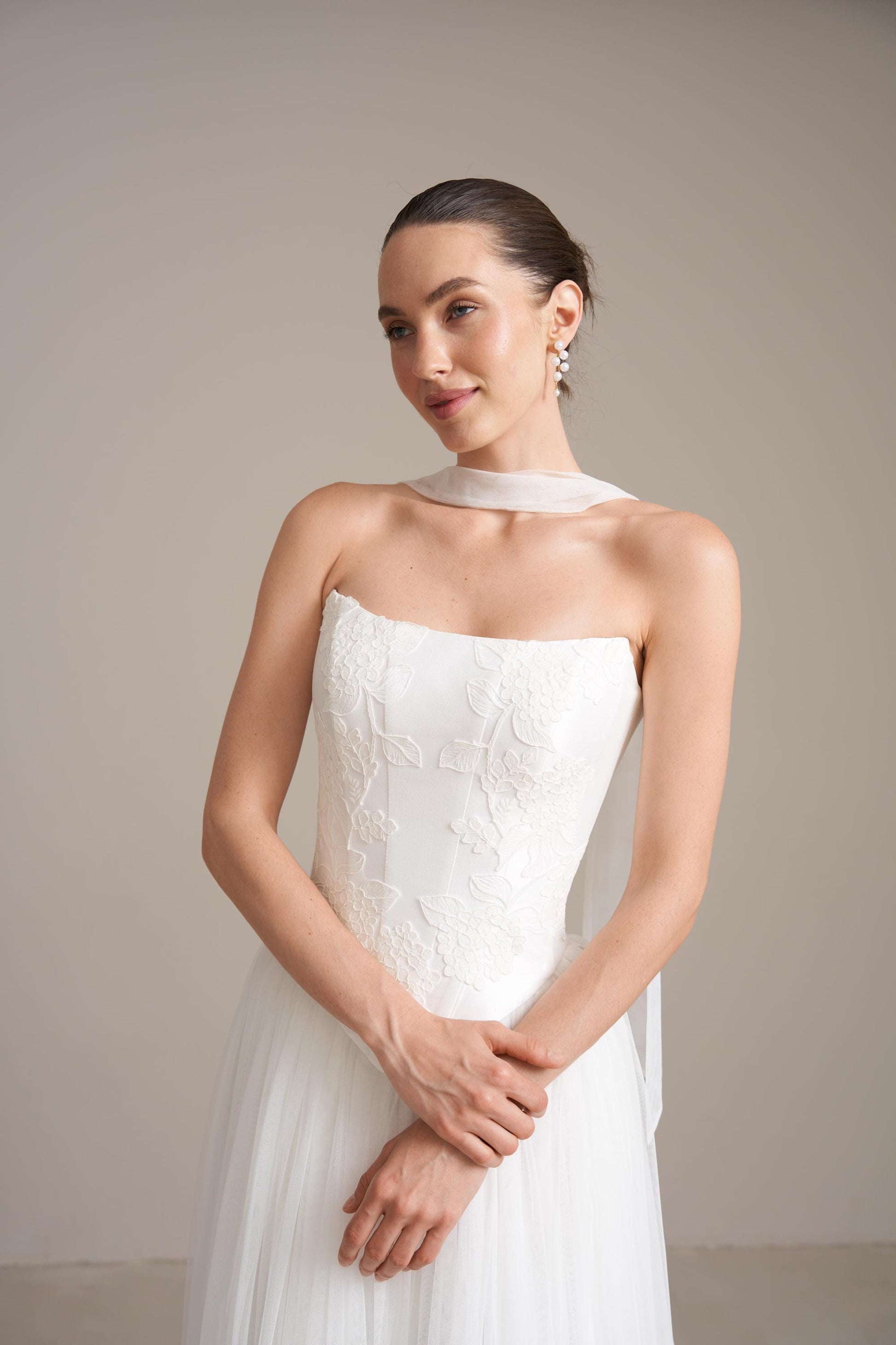 Lace Appliqué Mikado Bridal Corset: Drop Waist Wedding Top
