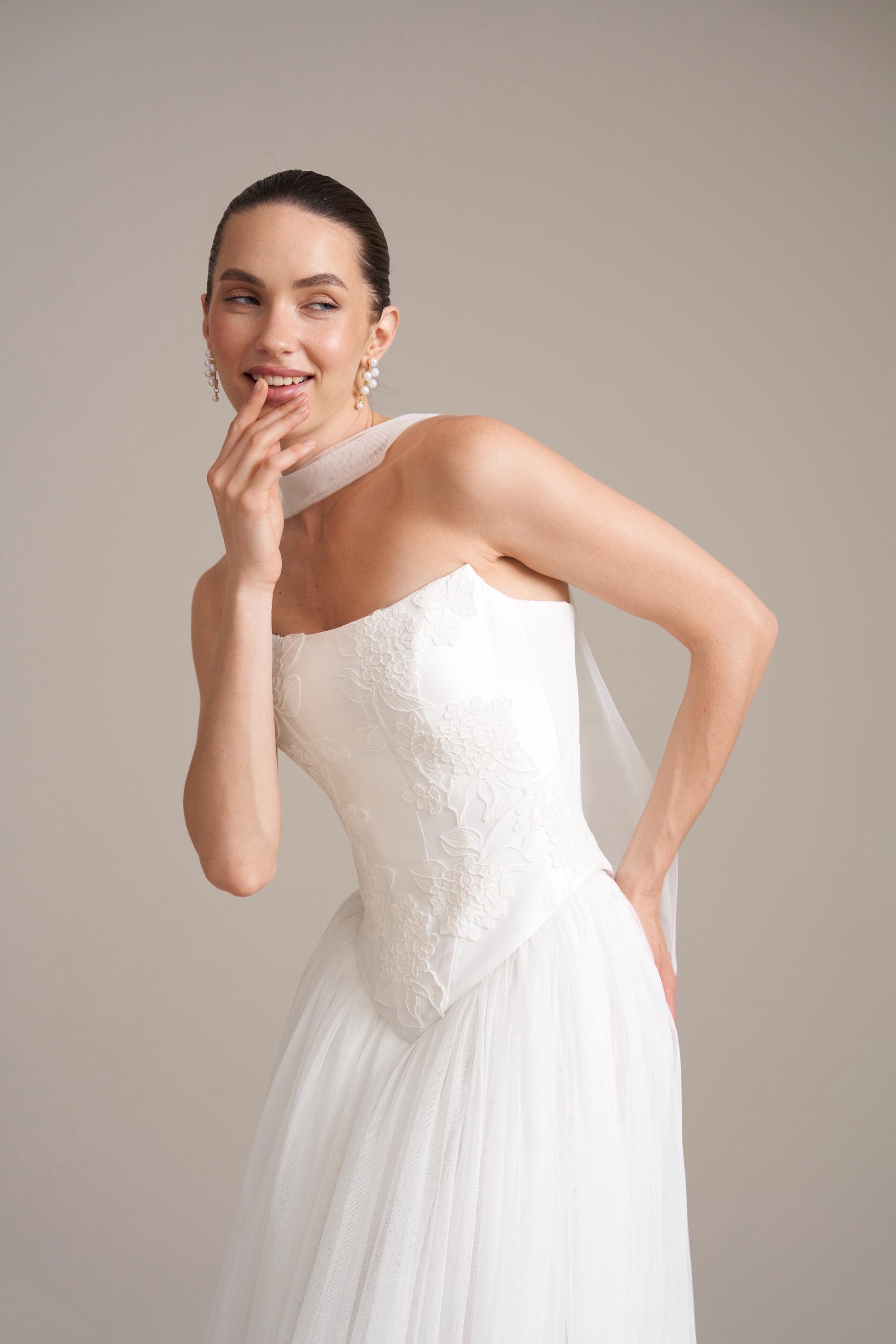 Lace Appliqué Mikado Bridal Corset: Drop Waist Wedding Top
