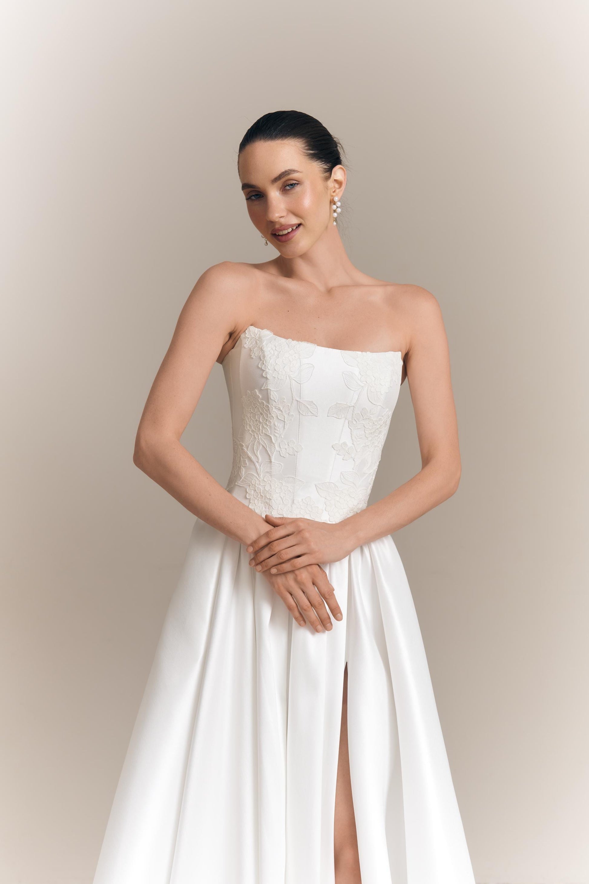 Lace Appliqué Mikado Bridal Corset: Drop Waist Wedding Top