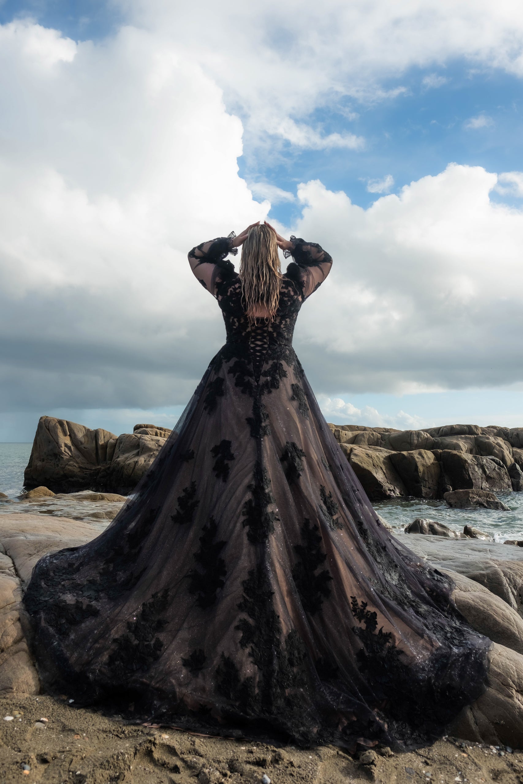 Lace detailed black bridal gown for plus size women, romantic and dramatic