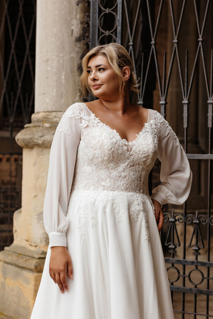 Chiffon bridal dress with long puff sleeves and V-neck for plus size bride