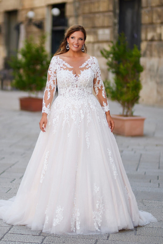 Luxury plus-size lace wedding dress with scoop neckline, long sleeves, and elegant floral appliqués

