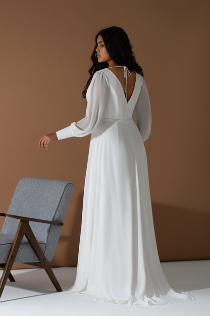 Modern plus size double V-neck bridal gown