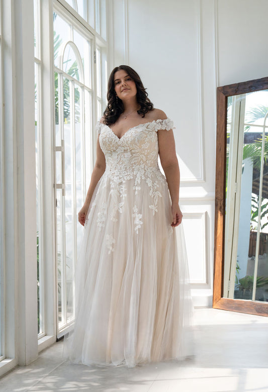 Off shoulder plus size lace wedding dress with soft tulle skirt

