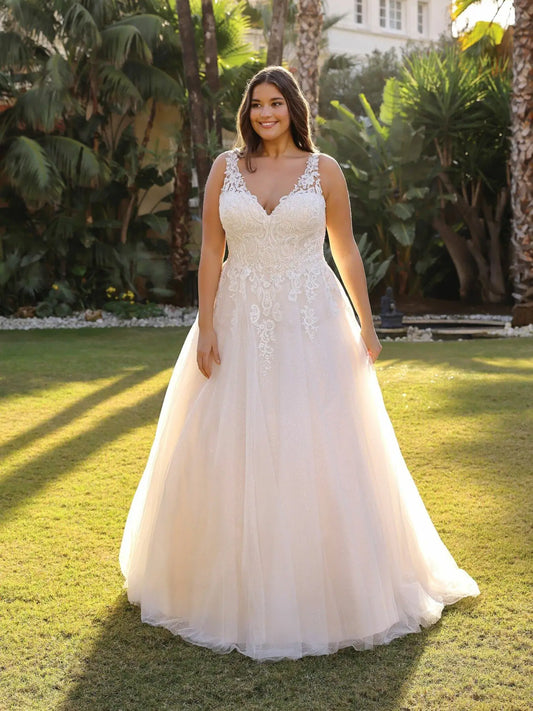 A-line plus size wedding dress with lace bodice and double V-neck front