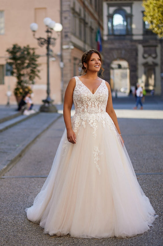Plus size backless lace wedding dress with V-neck front view