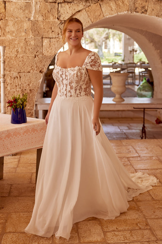 Chiffon A-line plus size wedding dress with floral lace short sleeves