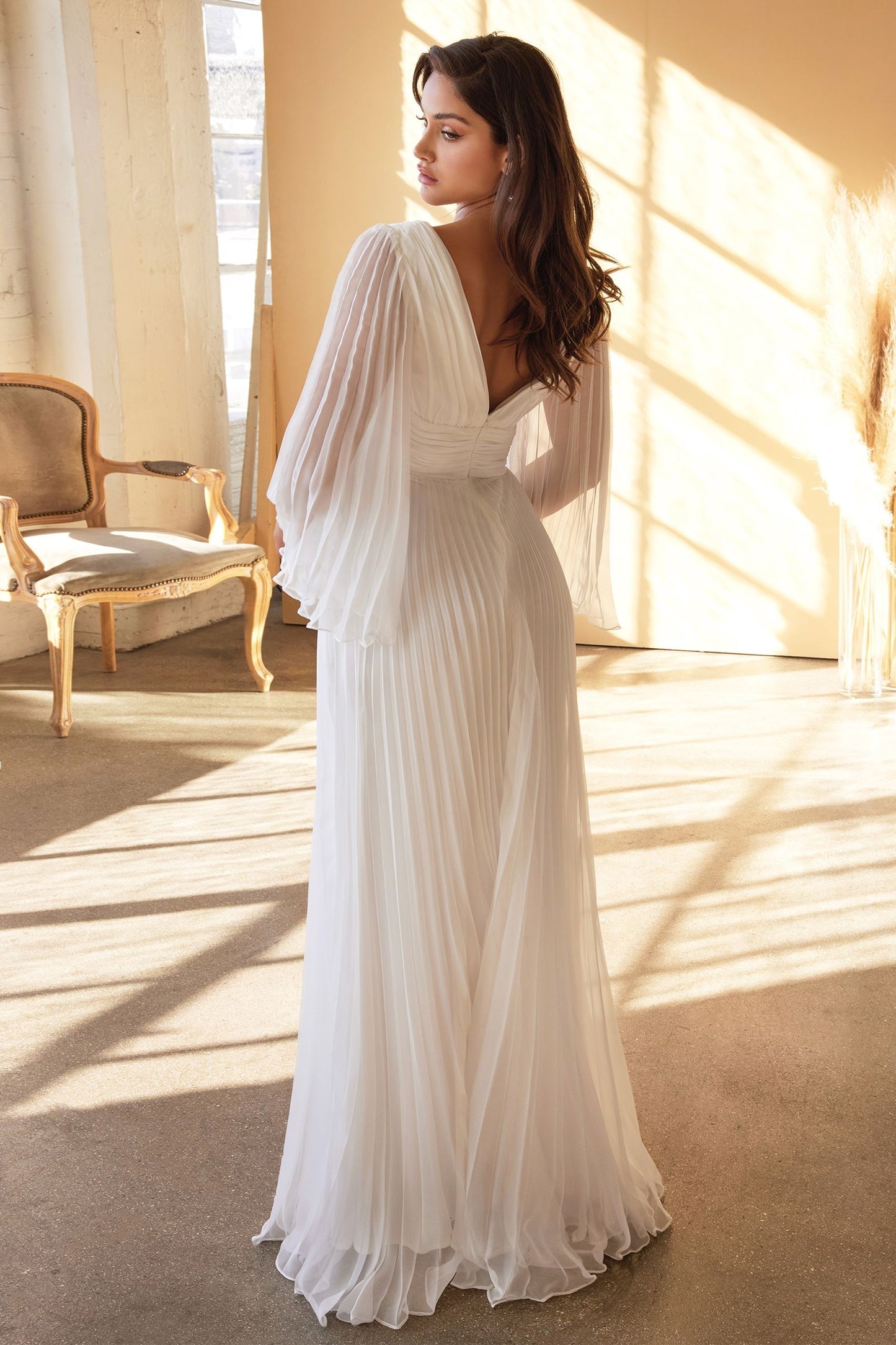 Back view of plus size chiffon pleated wedding gown with long sleeves