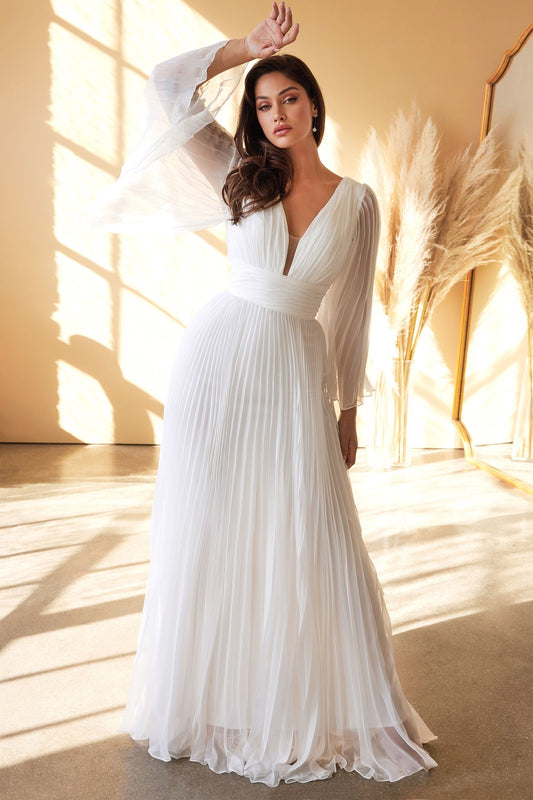 Front view of plus size chiffon pleated wedding dress with V-neck