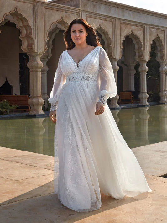 Plus size chiffon wedding dress with romantic boho style and lace waist