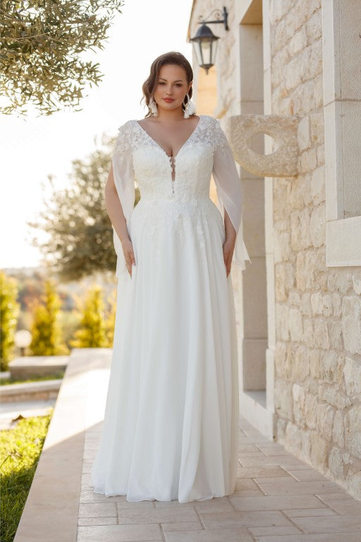 Plus size chiffon wedding dress with lace appliqué front view