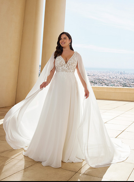 Chiffon A-line wedding dress for plus size bride with V-neck and beaded bodice