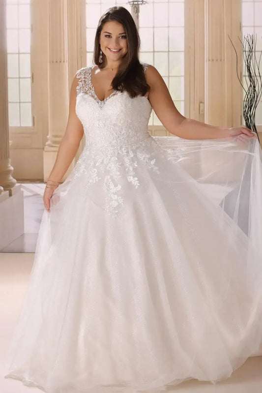 Plus size glitter tulle wedding dress with floral appliqué and V-neckline