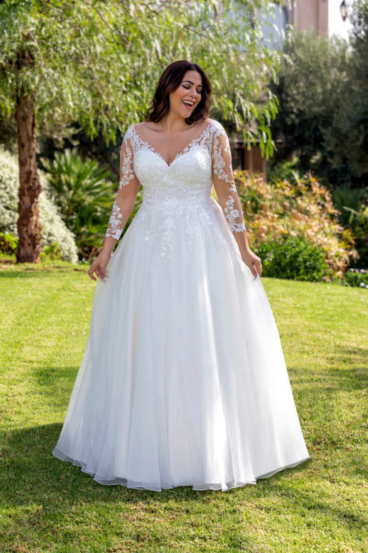 Plus size lace A-line wedding dress with V-neck front view