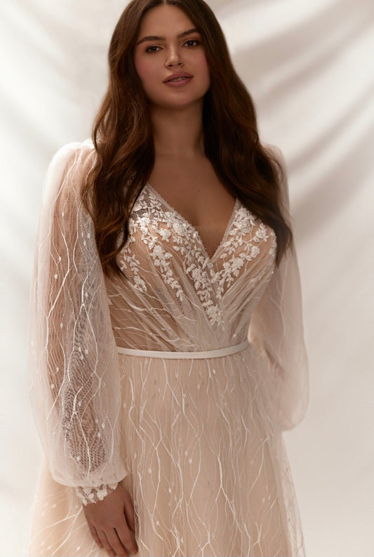Plus size lace A-line wedding dress with beaded front view
