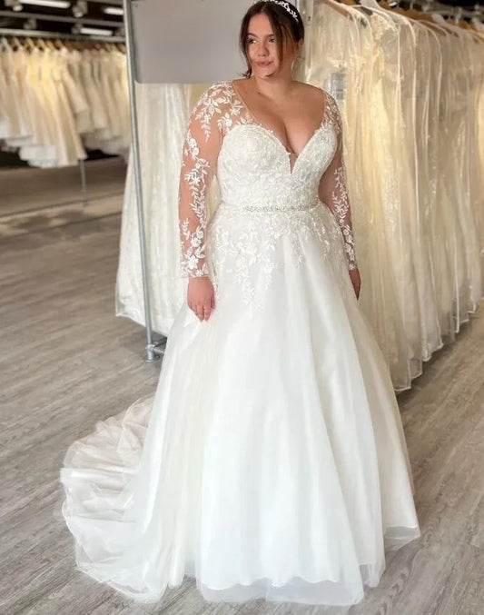 plus size wedding dress with lace long sleeves and a-line tulle skirt

