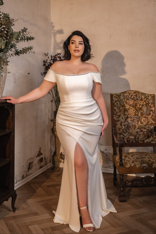Plus size off-shoulder satin mermaid wedding dress front view