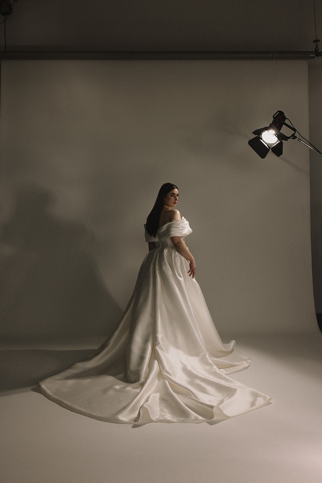 Plus size off shoulder satin wedding dress with long train back view
