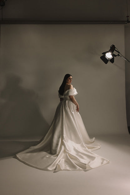Plus size off shoulder satin wedding dress with long train back view