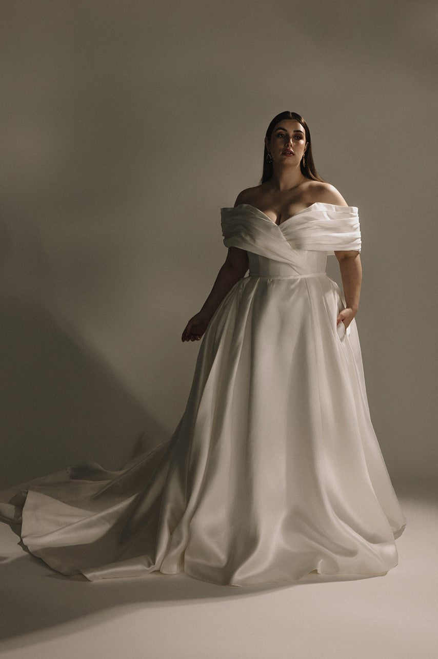 Plus size off shoulder satin A-line wedding dress front view